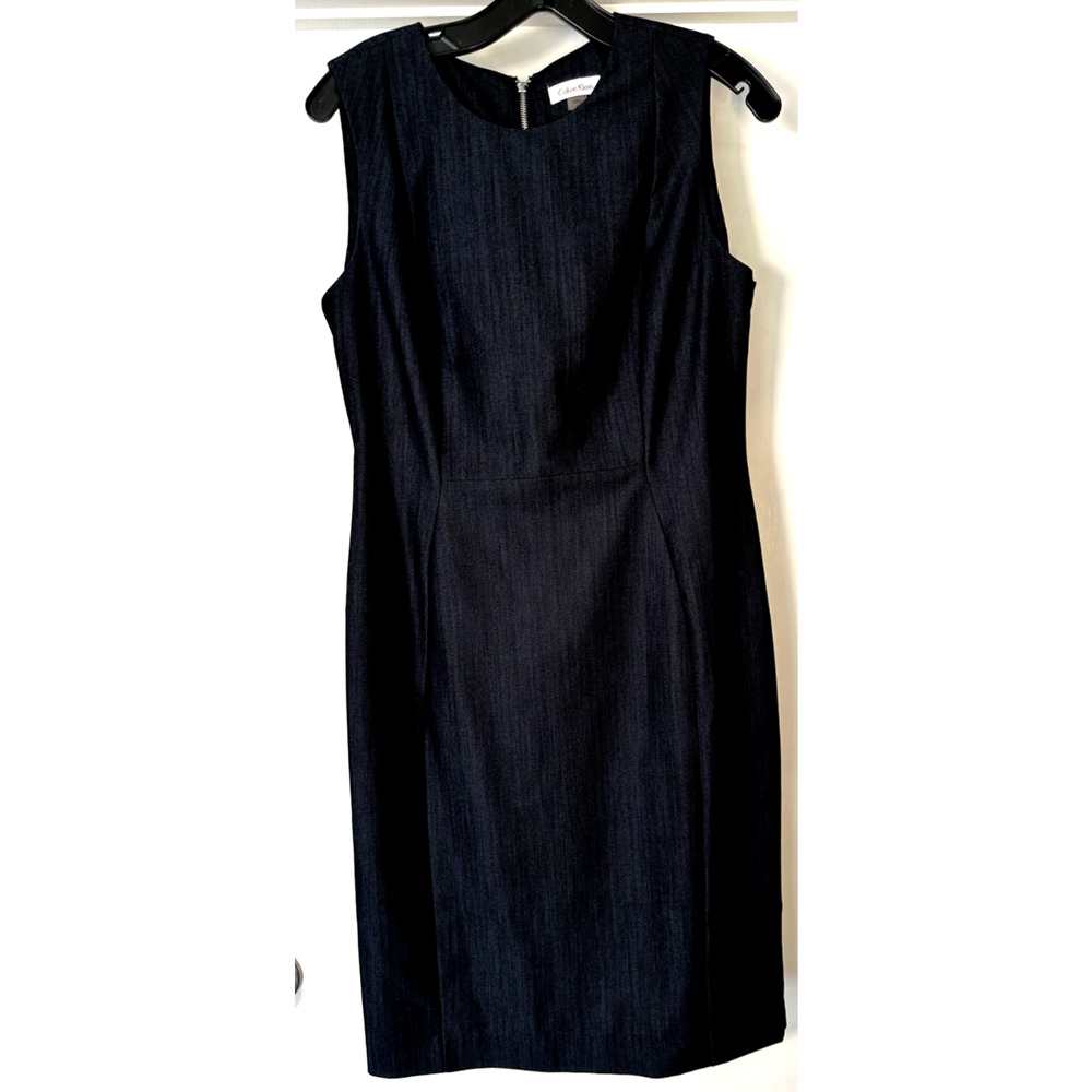 Calvin Klein Dark Denim Chambray Sleeveless Sheath Dress Business Womens Size 10